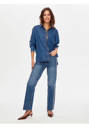 Faik Sönmez Kontrast Bant Detaylı Tenselli Kadın Jean Gömlek W26jgm001 İndigo