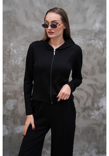 Elaxi Modal Kumaş Slim Fit Kapüşonlu İkili Takım Siyah