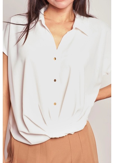 Likrasız Şık Kumaş Yakalı Düşük Omuzlu Önü Pileli Gömlek-krem Krem