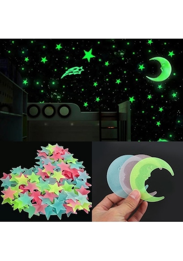 50 Adet Yeşil Renk Fosforlu Yıldız Gülen Ay Duvar Tavan Süsleri Çocuk Odası