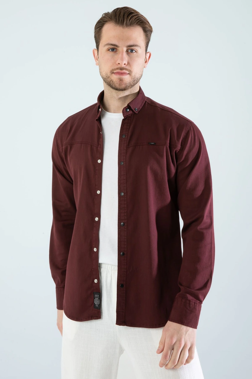Slim Fit Erkek Cepsiz Kot Gömlek Bordo
