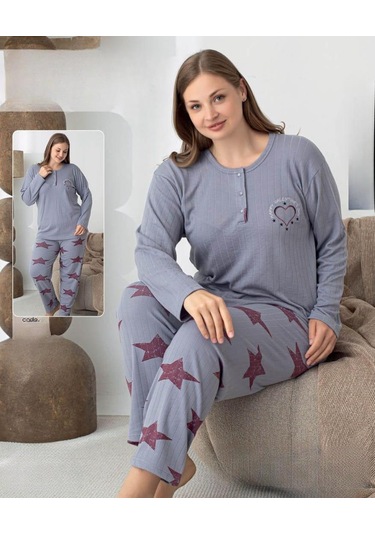 Lindros Kadın Pamuk'lu Düğme Yaka Raporlu İnterlok Kışlık Battal Pijama Takımı 05144 - 1 Adet Gri
