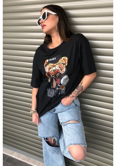 Modagen Kadın Happier Oversize Baskılı Siyah T-shirt Hp Siyah