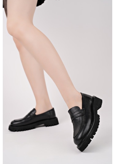 Muggo Paradise Hakiki Deri Kalın Taban Günlük Casual Makosen Kadın Loafer Ayakkabı Siyah