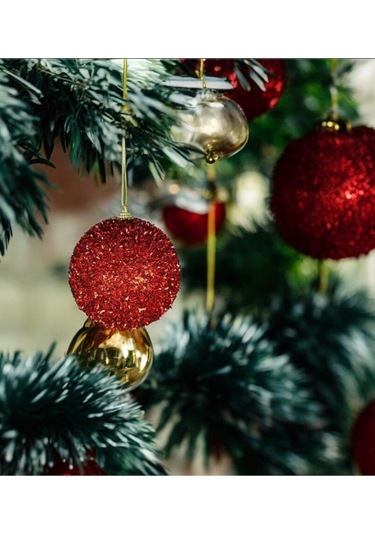 Yılbaşı Süsü 2'li Parıltılı Top Kırmızı 10 Cm