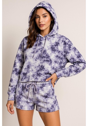 Kadın Lila Kapüşonlu Sweatshirt-şortlu Alt Üst Takım Oversize Batik Desen İkili Takım Çok Renkli