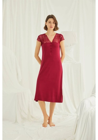 Monamise 18481 Kadın Kırmızı V Yaka Önden Düğmeli Dantelli Kısa Kollu Midi Büyük Beden Gecelik Kırmızı