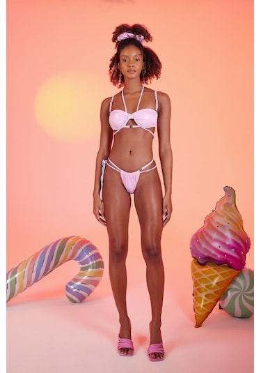 Holly Lolly Özel Yapım Parlak Kumaşlı Premium Mia Bikini Üstü Pembe