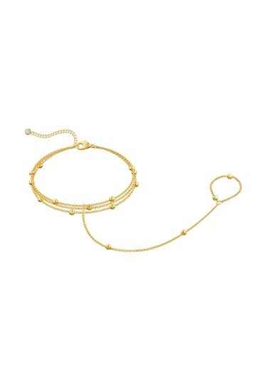 Fosenze 14k Altın Kaplama Kadın Bilezik, Toplu Zincirli Tasarım, Yüzük Özellikli, Ayarlanabilir, Alerjiye Duyarsız, Leydikler İçin Hediyelik Gümüşsüz Mücevher Altın