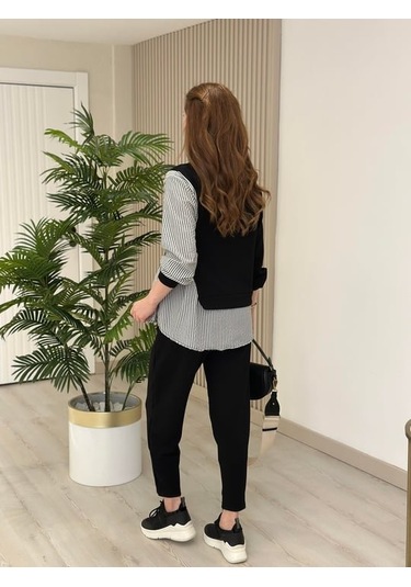 Modasize Kadın Gömlek Detay Çizgili Yandan Bağlamalı Ikili Takım Siyah