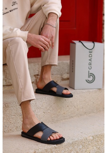 Hakiki Deri Kalın Bantlı Çift Renkli Ortopedik Erkek Terlik