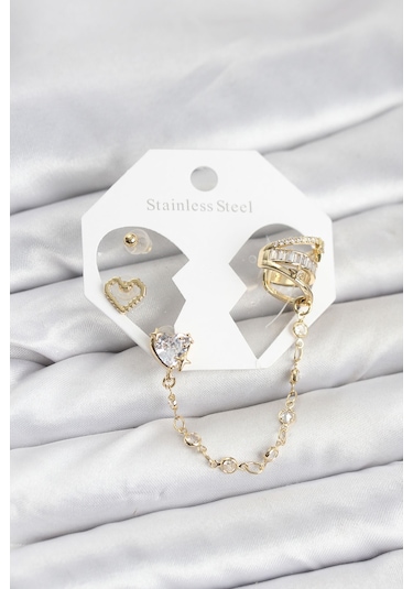 Pirinç Kalpli Küpe Seti Gold Renk Renkli 94155897