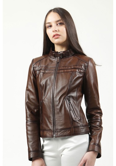 Dericlub Siena Kadın Slim Fit Hakiki Deri Mont Camel Antik Camel Antik Camel