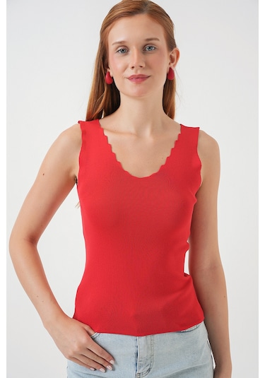 Kadın Zikzaklı V Yaka Bluz 15930 - Kırmızı Kırmızı