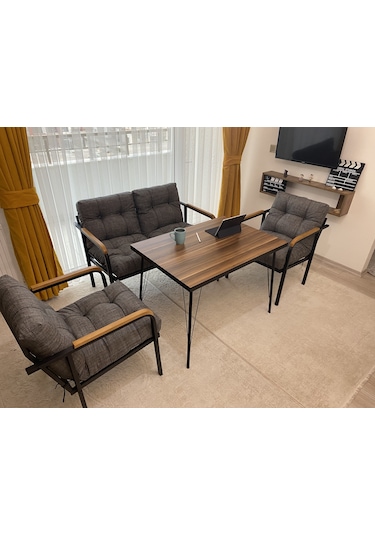 Modern Venüs Balkon, Bahçe, Cafe - Salon - Metal Kanepe Koltuk Takımı - 2+1+1 + Masa Antrasit Modernsh56 Antrasit