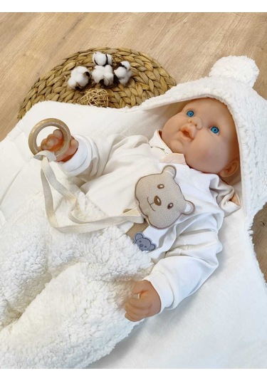 Bebek Dış Kundak Battaniyesi Pelüş Ayaklı Welsoft Uyku Tulumu Kışlık Mont Yenidoğan 0-12 Ay Ecru Ekru