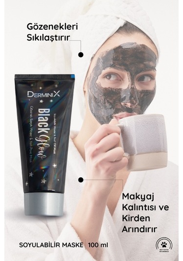 Derminix Black Glow Gözenek Karşıtı Soyulabilir Maske 100 ML + Kolajen + C Vitamini Kağıt Kömürlü Siyah Nokta Yüz Maskesi 39882722