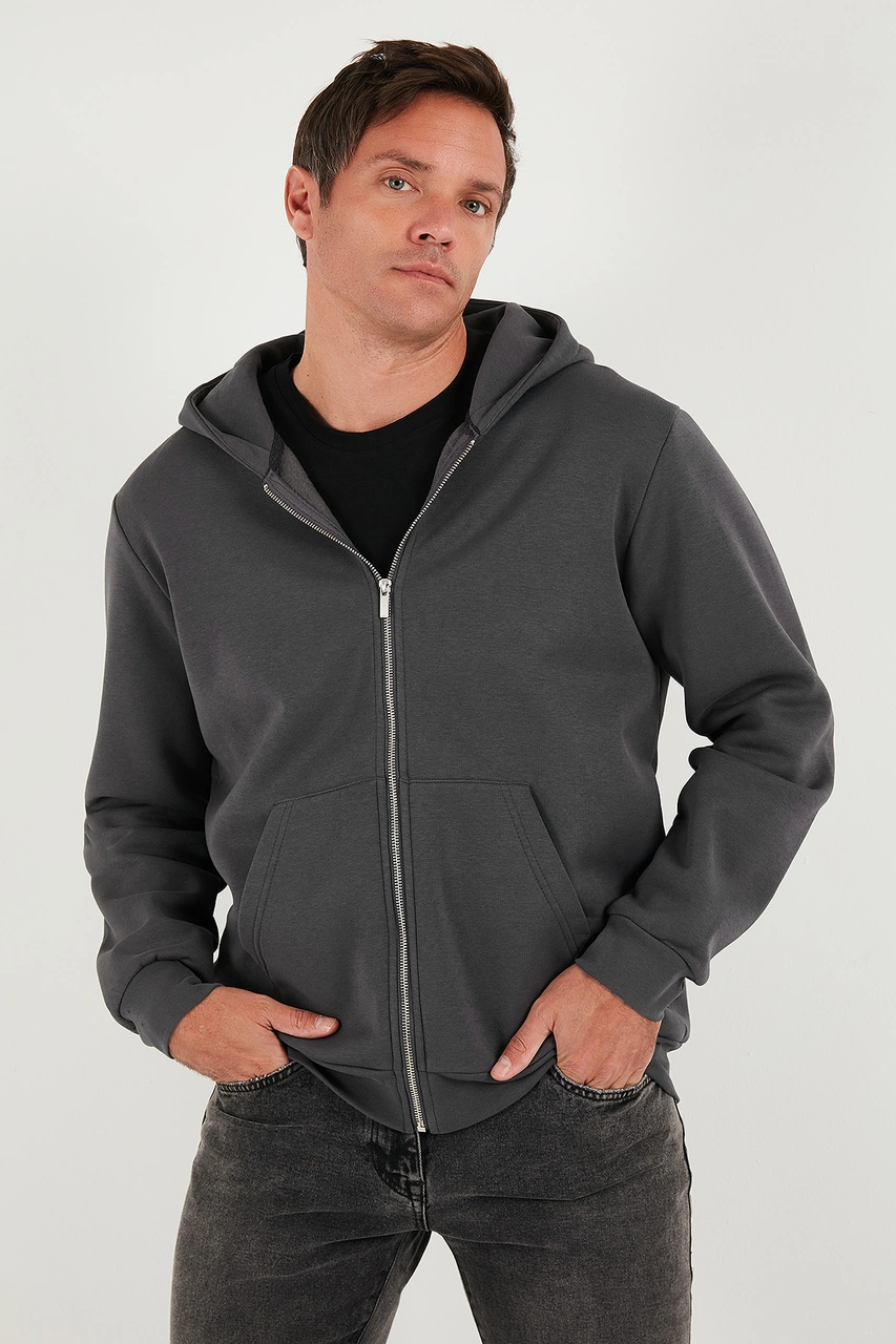 Buratti Regular Fit Kapüşonlu Fermuarlı Içi Tüylü Yumuşak Şardonlu Kışlık Erkek Sweat 5905340 Antrasit