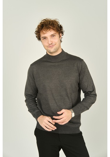 Ateş Triko Erkek Yarım Balıkçı Yaka Yün Kazak 0004 Koyu Gri Koyu Gri