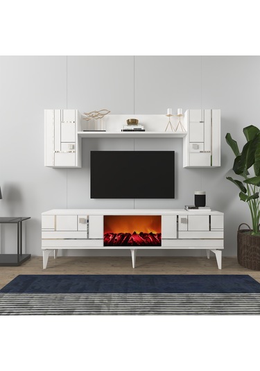 Maddera Şömineli Tv Ünitesi Takımı Beyaz-gümüş