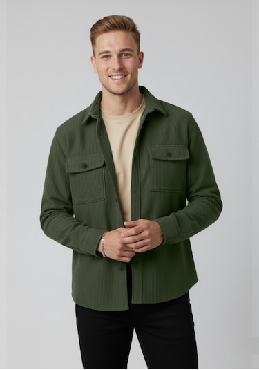 Deepsea Yeşil Cepli Likralı Kadife Kumaş Rahat Kesim Erkek Gömlek Yumuşak Dokulu, Şık Tasarım Gömlek 2600759 Yeşil