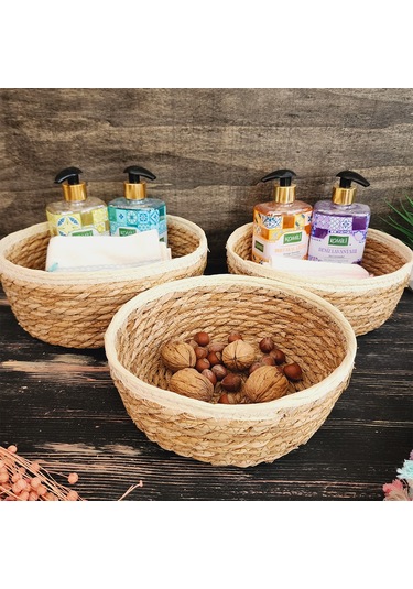 Nergis Hasır 3 Lü Sepet Saklama Kutusu Sepet Takımı Krem