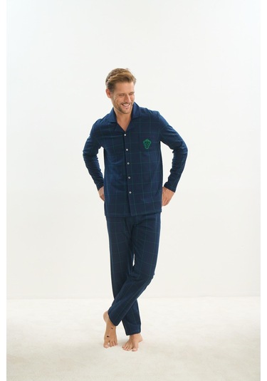 Erkek Uzun Kol Gömlek Yaka Önden Düğmeli Lacivert Pijama Takım C2t1n5o9 001