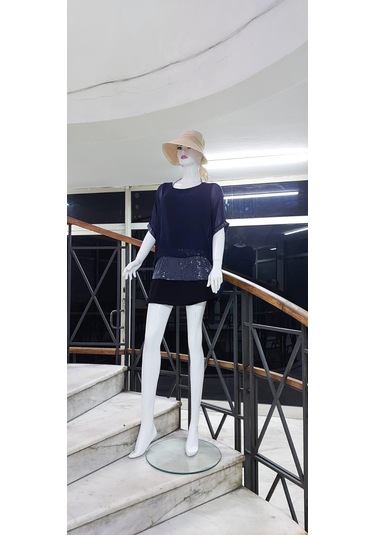 İtalyan Yarasa Kollu Payetli İpek Bluz-9248 Lacivert