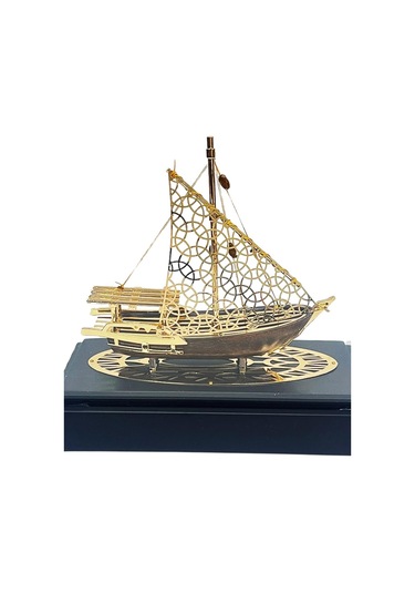 Pirinç Yelkenli Gemi Altın Kaplama Katar Dhow Teknesi Deri Kutulu 23cm No.2