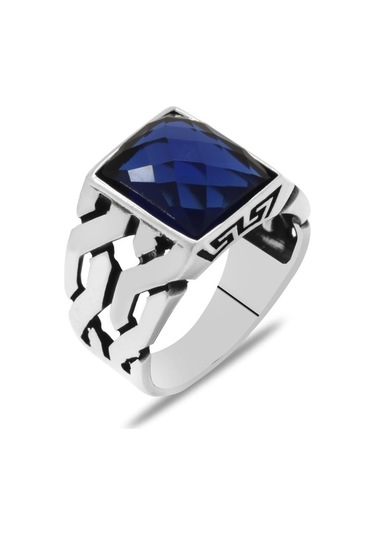 Zincir Tasarım Faset Mavi Zirkon Taşlı 925 Ayar Gümüş Erkek Yüzük (457819339)
