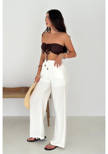 Beli Lastikli Geniş Paça Pantolon Beyaz Beyaz