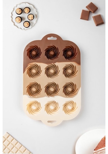 Porsima 185 12'li Silikon Kurabiye Tatlı Kalıbı, Silikon Kalıp Seti, Mini Kek Kalıbı, Çikolata Pişirme Kalıp Açık Kahverengi
