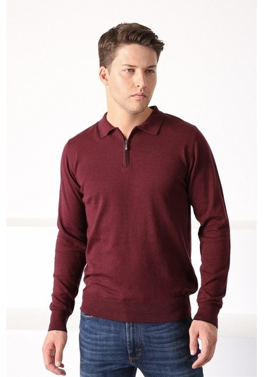 Ferraro Bordo Polo Yaka Fermuarlı Erkek Pamuk Kazak Bordo