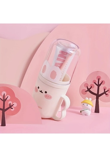 Elmpaly Pembe Renkli Taşınabilir Diş Fırçası Kutusu Ve Ağız Bakım Seti Sevimli Tavşan Desenli Seyahat Çözümü 1