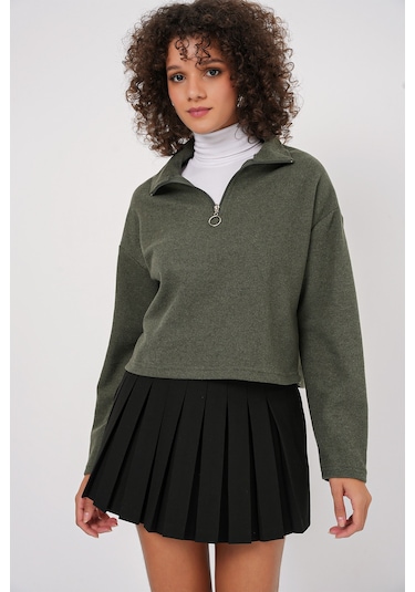 Bigdart 55449 Fermuarlı Yaka Örme Sweatshirt - Haki