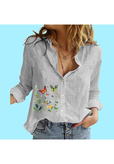 Kadın Moda Pamuk Keten Gömlek Bayan Dik Yaka Baskılı Üst Casual Düğmeli Uzun Kollu Bluz Gri