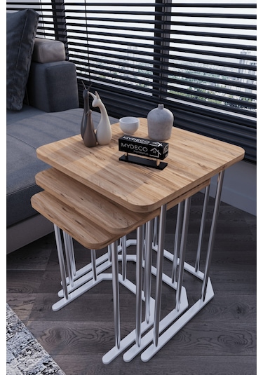 3' Lü Kare Zigon Sehpa Gümüş Ayak Atlantik Çam 18 Mm Mdf Gümüş - Atlantik Çam