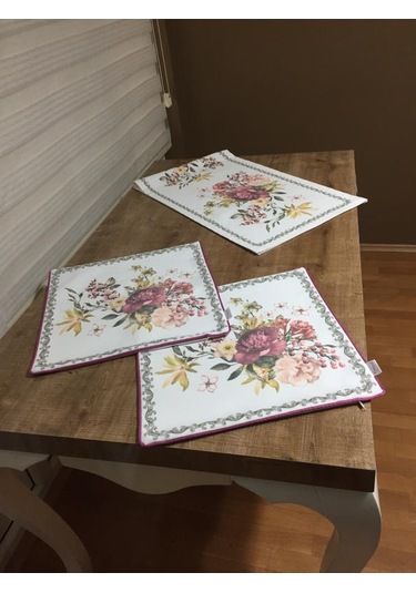 Çiçekli Duck Bezi Leke Tutmaz Runner ve İkili Kırlent