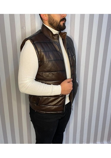 Şişme Hakiki Deri Yelek Karartmalı Kahve Gündelik,mevsimlik Slim Fit Kesim Kahverengi