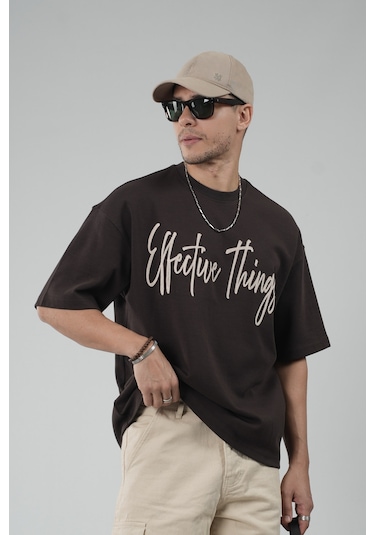 King-Brich Oversize Kalıp Effective Things Yazılı Basic Tişört Kahverengi