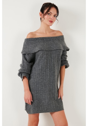 Lela Oversize Fit Kayık Yaka Uzun Kollu Mini Triko Bayan Elbise 4615218 Antrasit