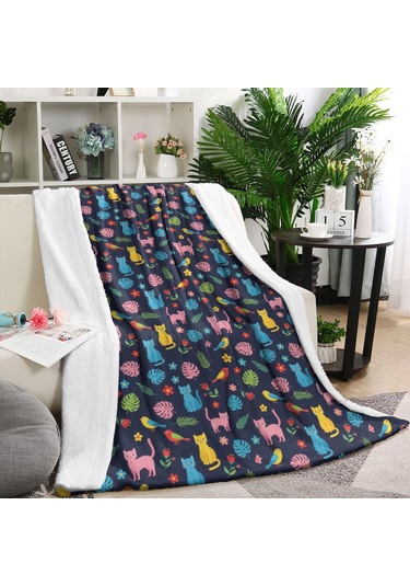 Cat Desenli 40x50 İnç Flanel Polar Battaniye, Yumuşak, Kalın, Tüm Mevsimler-a55 Cat Tropical Dark