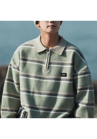 Japonya Erkek Y2k Örme Sıcak Polo Örgü Çizgili Balıkçı Yaka Kazak Gömlek Kış Sokak Giyim Hoodie Kore Giysileri Jumper Erkek Lacivert