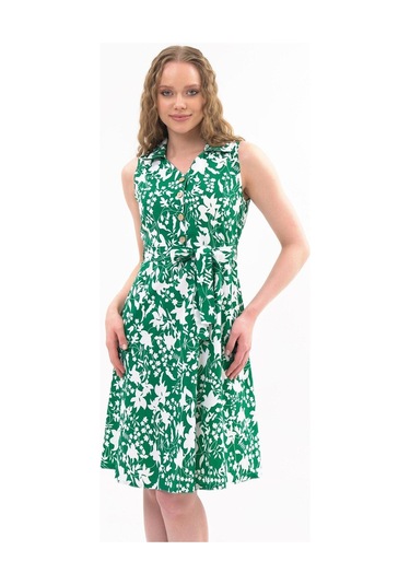 Apsen Kadın Zümrüt Yeşil Düğme Detaylı V Yaka Cotton Elbise 4405-105 Zümrüt Yeşili