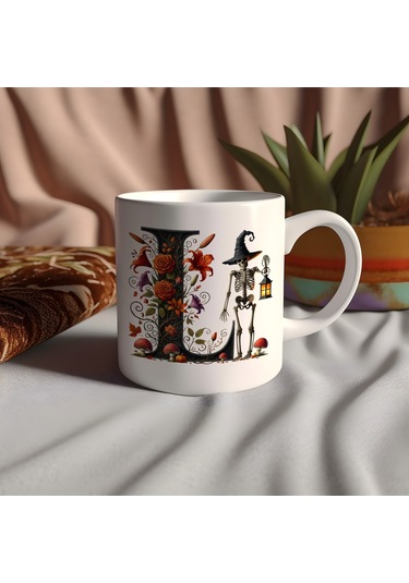 L Harfi Şapkalı İskelet Figürlü Ve Çiçekli Kupa Bardak - Cadılar Bayramı / Halloween Özel Hediye Beyaz