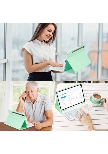 Yaozixa Samsung Galaxy Uyumlu Tab S7/s8/s9/s9 Fe 11" İçin Yeşil Kılıf + Mavi Işık Bluetooth Klavye: Kalemlikli, Çok Açı Desteği, Şarjlı, Dijital Office