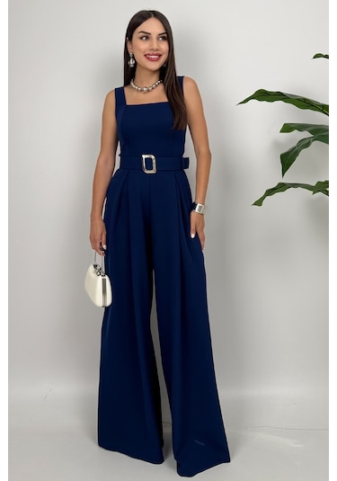Noir Flow Kadın Lacivert Kemerli Askılı Bol Paça Tulum Zarif Şıklık Lacivert