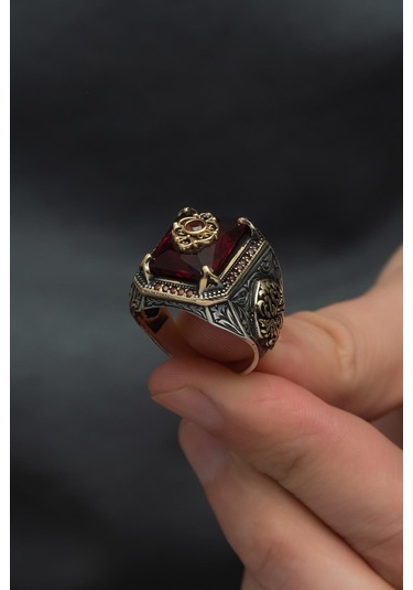 Kırmızı Taşlı Çiçek Motifli 925 Gümüş Erkek Yüzük