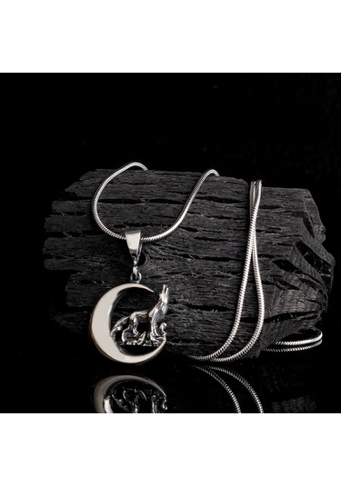 925 Ayar Gümüş Hilal Kurt Model Kolye Ucu 60 Cm Çelik Zincirli Kolye Gri