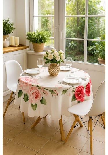 Yuvarlak Gül Desenli Duck Kumaş Masa Örtüsü 150x150 Cm Çok Renkli